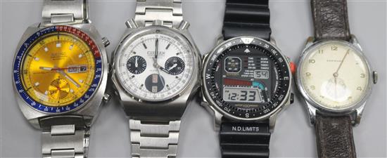 Four gentlemans wrist watches including two Citizen, a Seiko and a Normana.